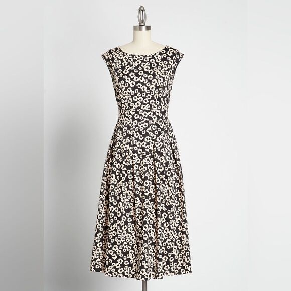 Modcloth Closet London Midi Dress Floral Black Cream US 12 - Picture 5 of 12